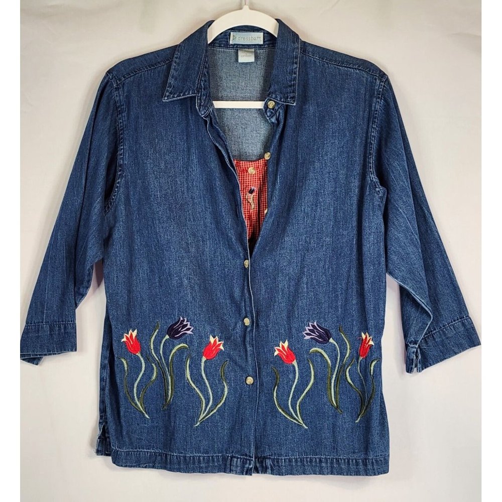 Dress Barn Shirt Womens Size Small Blue Denim Floral Embroidered 3/4 Sleeve